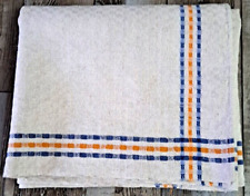 Vintage Woven Tablecloth Blue Orange Stripes Mid Century Granny Country 46x55 picture