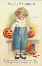 Halloween Postcard Sweet Victorian Boy Carving JOLs c1915 Ellen Clapsaddle picture