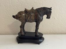 Chinese Hardstone Carving Ming Style Horse Figurine on Wood Stand picture