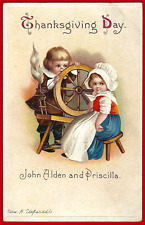 Clapsaddle Thanksgiving Pilgrim Kids John Alden + Priscilla A/S Emb PC Vtg c1912 picture