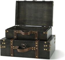 Wooden Box With Hinged Lid Set Of 2 Decorative Vintage Suitcase Decor Storage T picture