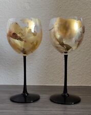 Randy Strong American Studio Vintage Wine Glass Handblown Gold Leaf Black Pair 2 picture
