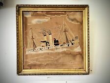 Antique Folk Art Sampler Needlepoint Embroidery Painting Steam Ship USS Maine picture