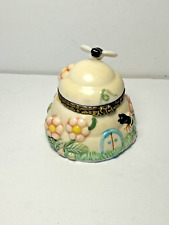 VINTAGE PORCELAIN HERCO HINGED TRINKET BOX BEEHIVE BEES GLOSSY SMALL picture