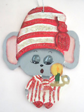 Vintage Christmas Ornament  - HAND PAINTED WOOD SLEEPY MOUSE w/GLITTER picture