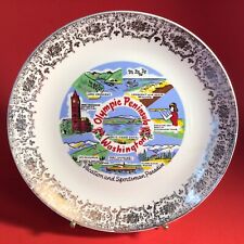 WASHINGTON SOUVENIR PLATE OLYMPIC PENINSULA VACATION AND SPORTSMAN PARADISE GOLD picture