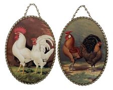 2 Oval Rooster Hen Heritage Chicken Hanging Plaques Vtg USA Leghorn Lacewing picture