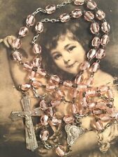 Antique Vintage Old Pink Glass Crystal Rosary Beads Chain Silver Cross Mary   picture