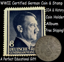 Rare WWII German 1 Rp Coin & Mint Stamp CERTIFIED, Mini Album,Holder, COA Incl picture