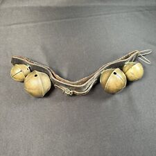Antique 4 Brass Animal Sleigh Bells w/Leather Strap Hanger 18.5” Long Christmas picture