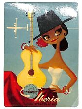 Iberia Lineas Aereas Easpanolas Airline Luggage Label Woman w/ Guitar c1950's picture