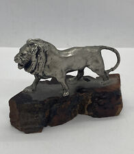 Miniature Pewter Art Lion Statue Figure On Wood Base Pewter 3.25”x2.5”x1.25” OA picture