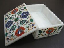 6 x 4 Inches Gemstone Inlay Work Jewelry Box White Marble Office Accessories Box picture