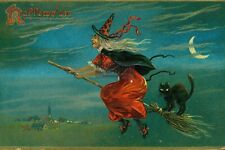 VINTAGE HALLOWEEN WITCH RIDING A BROOM BLACK CAT TUCK 4X6 POSTCARD REPRINT picture