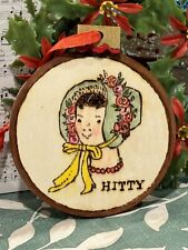 Hand Crafted Hitty Doll Wooden Christmas Ornament Pyrography Wood Burning picture
