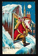 5902 Antique Vintage Christmas Postcard Santa Rooftop Window Moon Ice Snow Toys picture