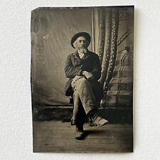 Antique Tintype Photograph Mature Man Sitting In Chair Cowboy Hat & Boots picture