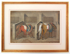 Antique Georgian Hand Coloured Mezzotint Thomas Burford Horses in a Stable c1752 picture