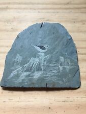 VTG 1974 Etched Slate Hand Carved Bird Perched on Lake Weathered Wood by M. Rice picture