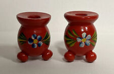 Vintage Pair Hand Painted Swedish Wood Candle Holders Red Floral picture
