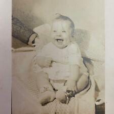 Vintage Smiling Laughing Baby Propped Up B&W 1945 Real Photo Postcard picture