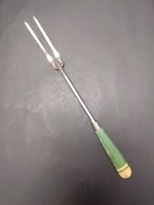 Vintage A&J Long 2 Prong Meat Fork Green Handle as-is Barbecue utensil picture