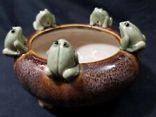 CUTE Antique Pottery FIVE FROG BOWL Majolica Pottery BROWN DRIP GLAZE  picture