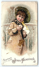 c1880 JOHN HANCOCK LIFE INSURANCE GIRL SNOW BALLS VICTORIAN TRADE CARD P4009 picture