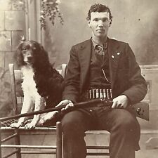 Antique Cabinet Card Photograph Handsome Young Man Dog Shotgun Shells Stayton OR picture