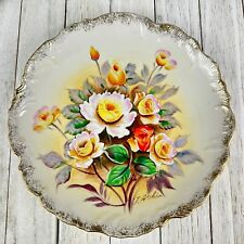 VTG Antique Hand Painted Plate Signed Floral Yellow Pink Rose Flower Warmth &Joy picture