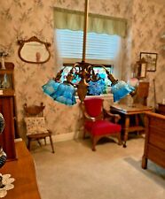 ANTIQUE FOUR-ARM BRASS HANGING LAMP/ LIGHT/ CHANDELIER WITH ANTIQUE SHADES picture