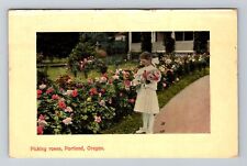 Portland OR-Oregon, Picking Roses, c1910 Vintage Souvenir Postcard picture