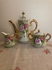 1940s Lefton Hand Painted Green Heritage Pink Rose Teapot Creamer Sugar Bowl picture