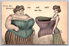 C1910 postcard GRUS AUS WIESBADEN large woman & thin woman both in corsets picture