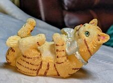 Vintage 1998 Ceramic World Poly Resin Orange Tiger Cat On It's Back Silver Bow picture
