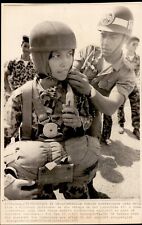 LD285 1973 Wire Photo STRAPPING IT ON Cambodian Female Paratrooper Helmet Pack picture