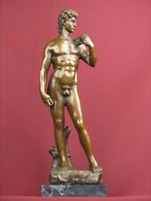 SIGNED BRONZE STATUE  DAVID MYTHOLOGY HANDCRAFTED SCULPTURE ON MARBLE BASE picture
