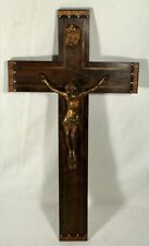 Large Antique Fancy Inlaid Wood Marquetry & Brass Wall Crucifix 20