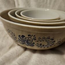 Vintage Set Of 4 Pyrex Homestead Nesting Mixing Bowls Tan Blue picture