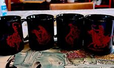 4 Vintage Black Red MARLBORO MAN COWBOY COFFEE MUGS Rodeo Horse Bronco COMPLETE  picture