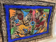 Vintage Mexican Folk Art Amate Bark Painting Bright Plants  Llama Type Animals picture