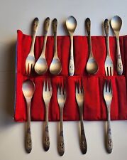 NEW Vintage Korean Silver Dessert (6) Spoon (6) Fork Set Duck Print With Case picture