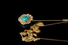 3 VINTAGE HORSE BRASS STICK PINS TURQUOISE NATIVE AMERICAN SILVER  BR picture