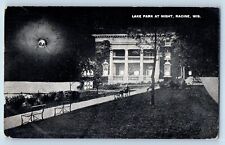 Racine Wisconsin WI Postcard Lake Park Night Scene Building Exterior Bench 1916 picture