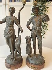 2 x Antique Large Pewter Figural Lamps French Peasant Pair - Needing Attention picture