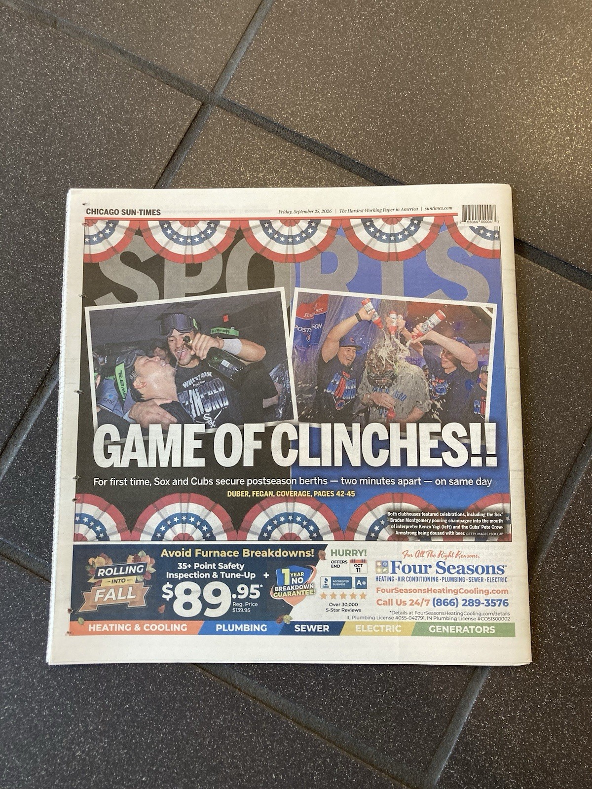 CHICAGO SUN-TIMES NEWSPAPER 9/25/2026 WHITE SOX & CUBS CLINCH WILDCARD PLAYOFFS CHICAGO SUN-TIMES NEWSPAPER 9/25/2026 WHITE SOX & CUBS CLINCH WILDCARD PLAYOFFS