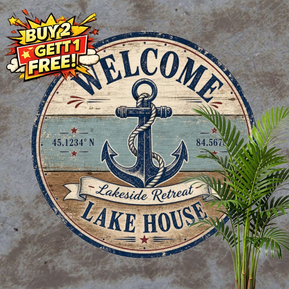Lakeside Cabin Porch Welcome Sign Round Rustic Camp Metal Tin Plaque 8x8