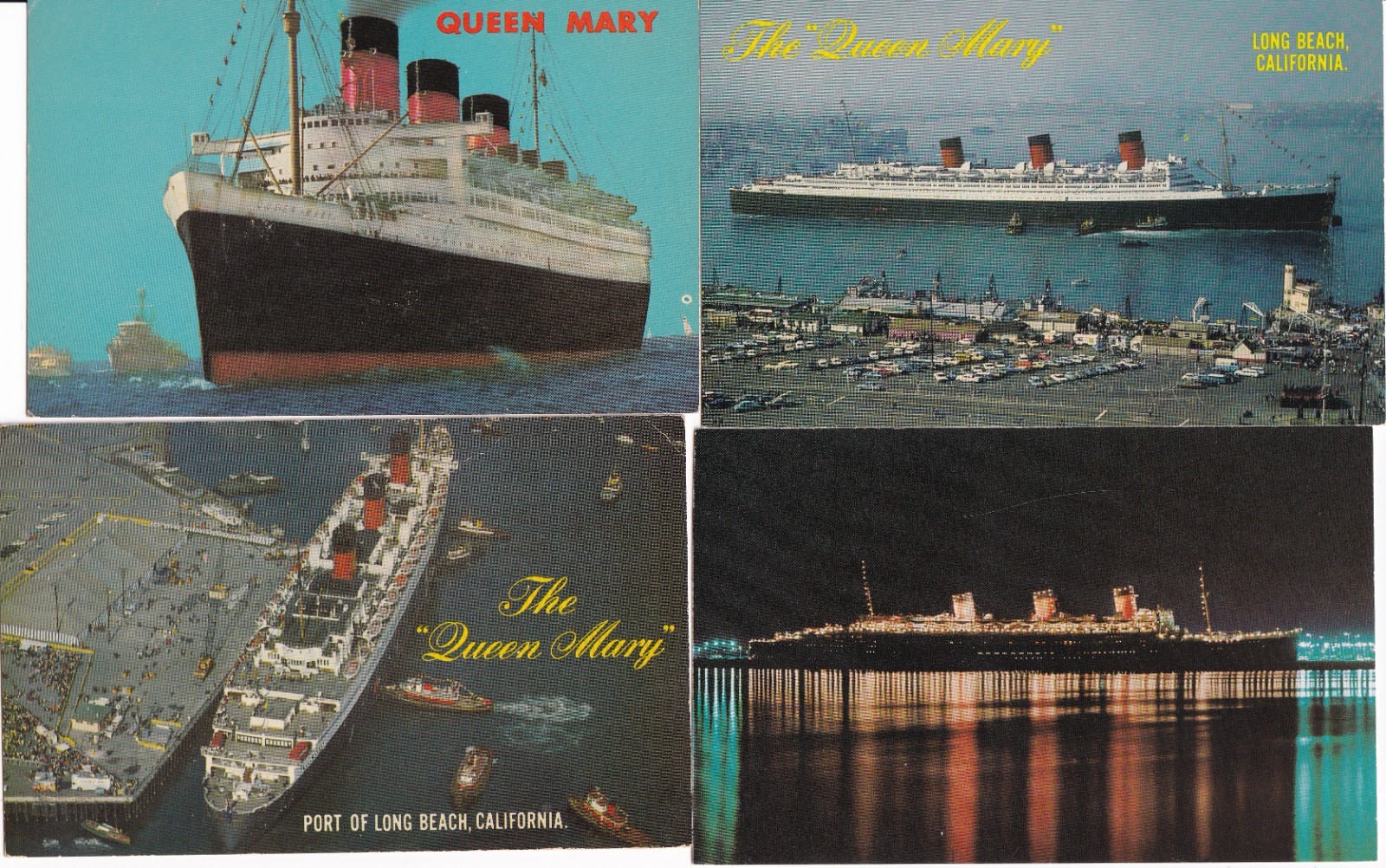 Lot of 4 Vintage Postcards Showing The Queen Mary Docked At Long Beach CA Lot of 4 Vintage Postcards Showing The Queen Mary Docked At Long Beach CA