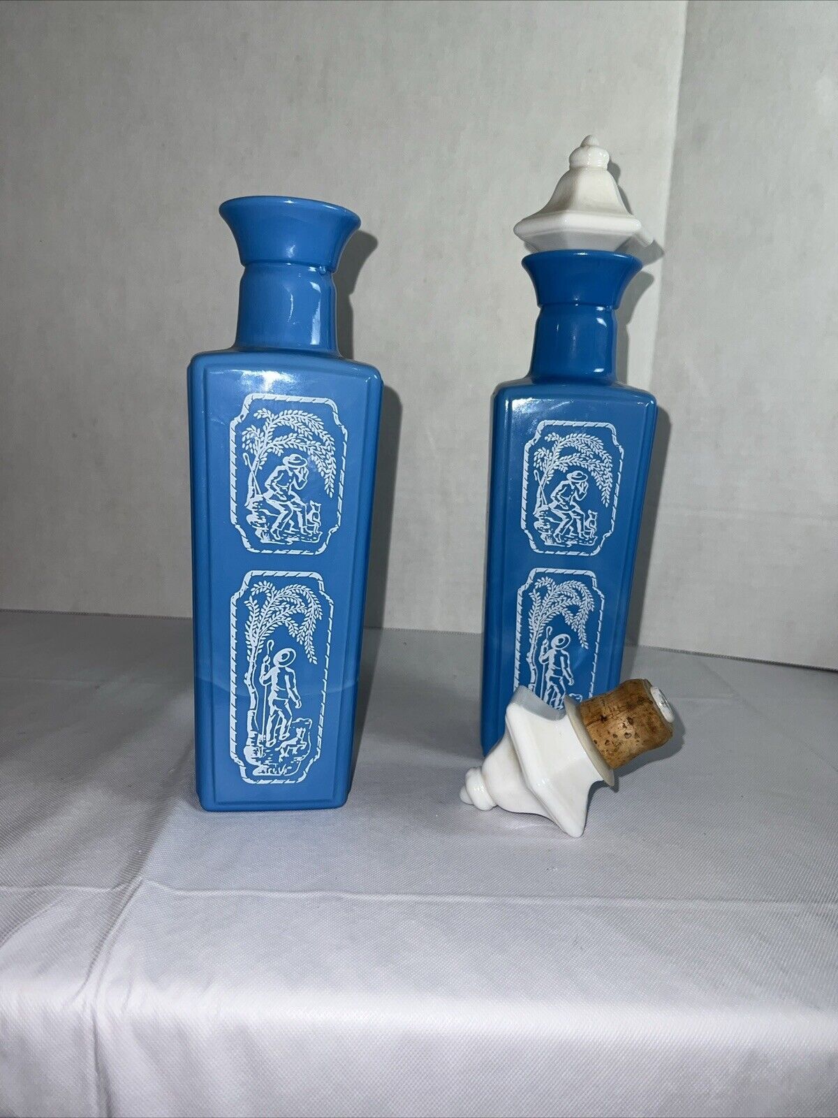 Set of 2, 1965 Jim Beam “Beam\'s Choice” Blue Decanters Cork Stoppers Milk Glass