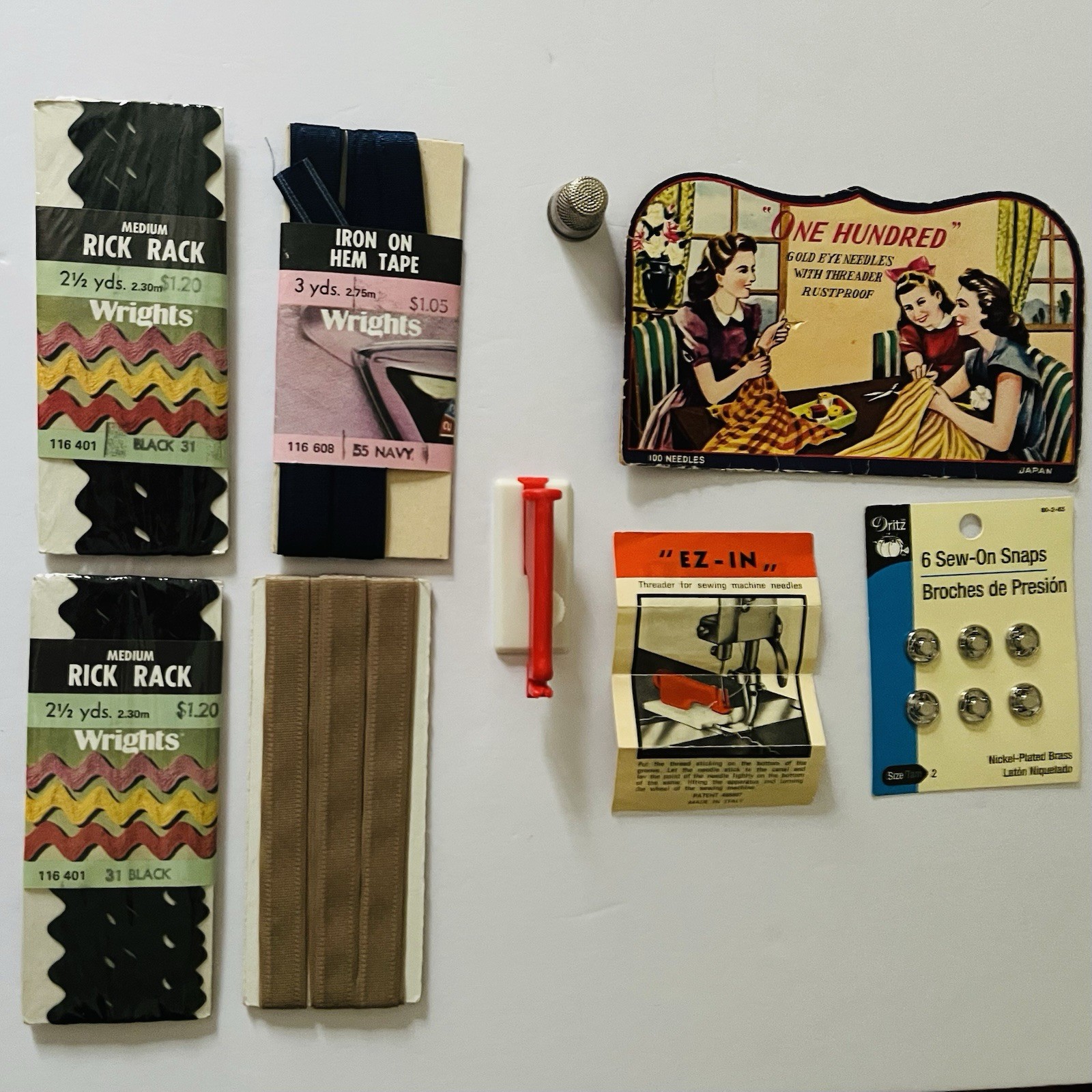 Vintage Sewing Lot Thimble, Hem Tape, Rick Rack, EZ-In Threader, Snaps, Needles